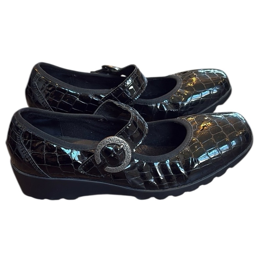 Josef Seibel Mary Jane Wedge Shoes Women's 9/9.5 Black Carree Crocodile